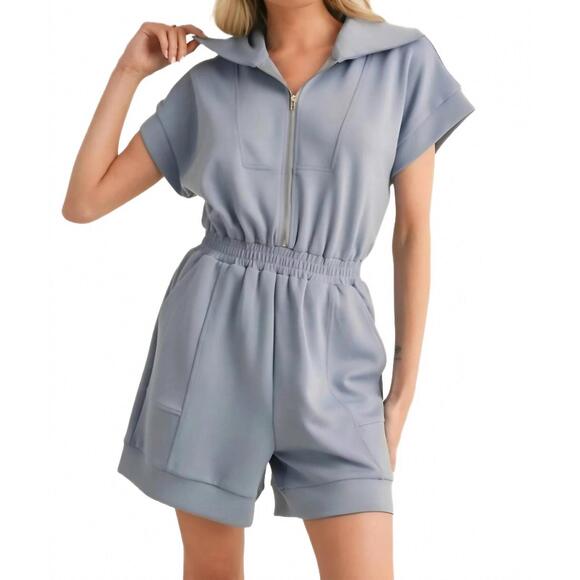 NEW KNIT & LOUNGE zip-front short sleeve romper in blue - Picture 1 of 3